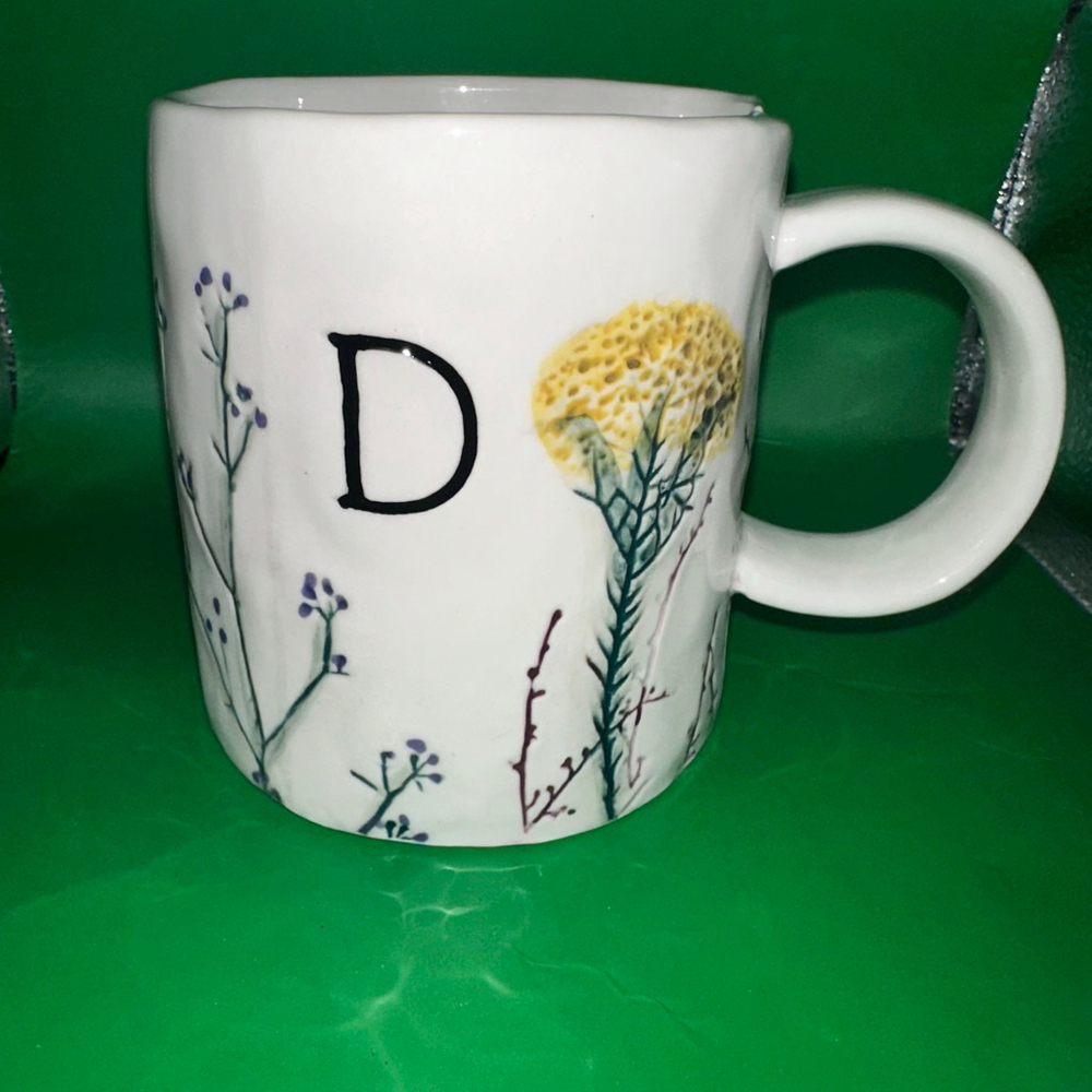 NWOT Anthropologie Ceramic Glazed Coffee Mug Floral Wild Flowers Monogram “D”